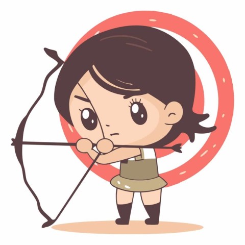 Cute girl archer with bow and arrow cartoon vector illustration.