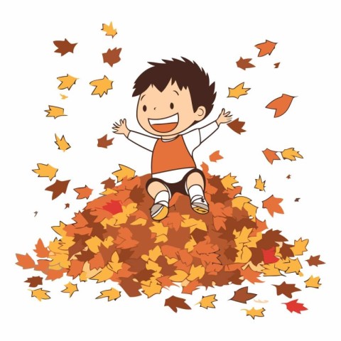 Happy boy playing with autumn leaves on white background.