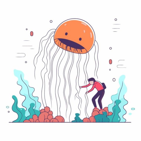 Vector illustration of a man in a swimsuit and a big jellyfish.