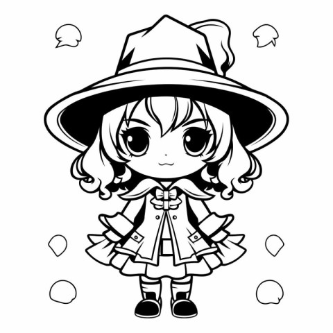 Cute little girl in hat and coat for coloring book.