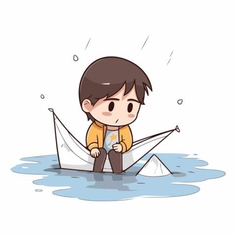 boy sitting in a boat and playing on the water vector illustrati