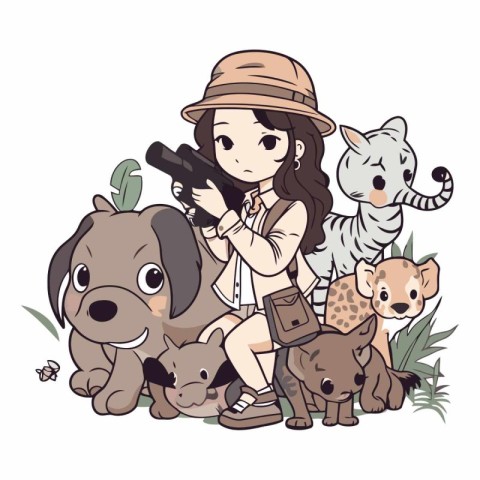 A girl in a hat with a gun and a group of animals