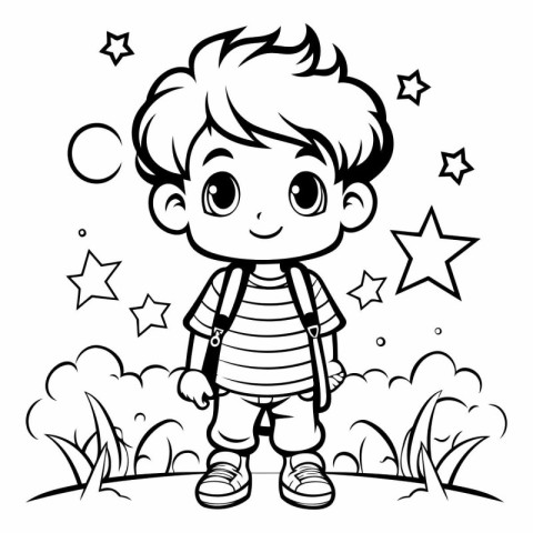 Black and White Cartoon Illustration of Cute Little Boy or Kid C