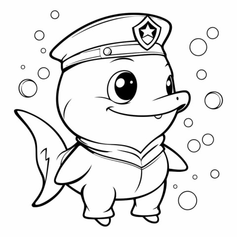 Black and White Cartoon Illustration of Cute Little Shark Captai