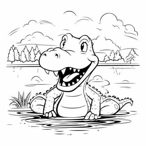 Crocodile - Black and White Cartoon Illustration. Vector