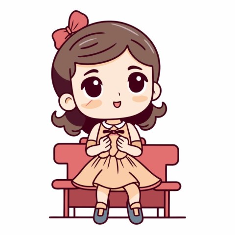 Cute little girl sitting on chair in cartoon style.