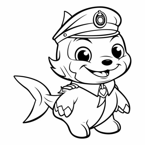 Black and White Cartoon Illustration of Cute Little Fish Sailor