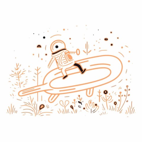 Astronaut rides a skateboard in the woods.