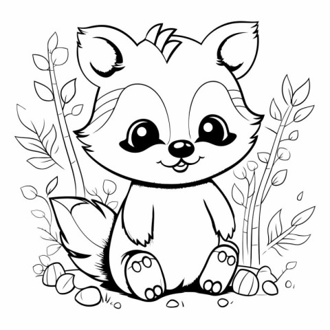 Cute cartoon fox sitting on the grass for coloring book.