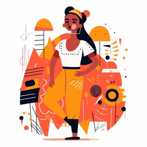 Happy african american girl with headphones in flat style