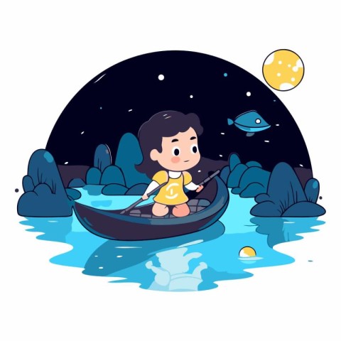 Cute little boy in a boat on the lake at night