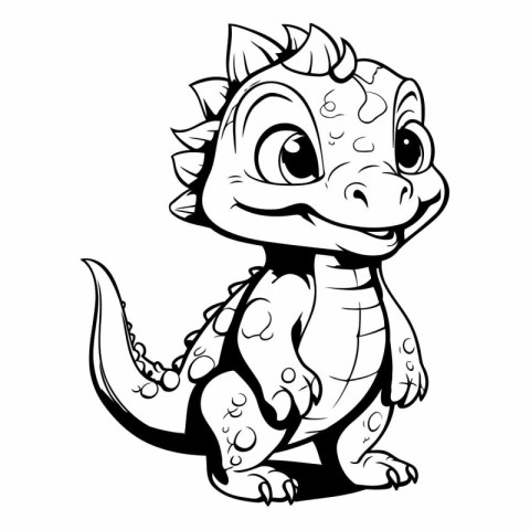 Cute Cartoon Dinosaur - Black and White Cartoon Illustration. Ve