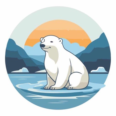 Polar bear sitting on the ice in flat style.