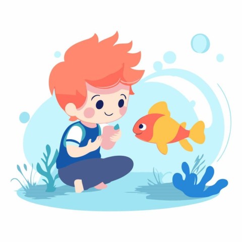 Cute little boy playing with fish in cartoon style.