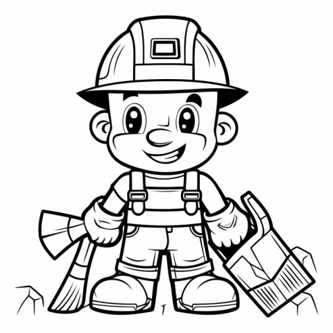 Black and White Cartoon Illustration of Cute Firefighter or Fire