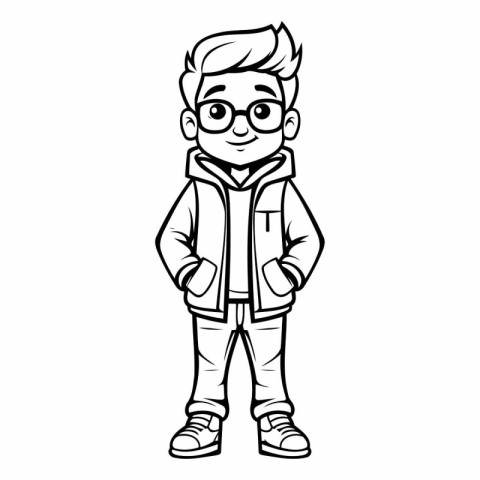 cute little boy with glasses and jacket cartoon vector illustrat