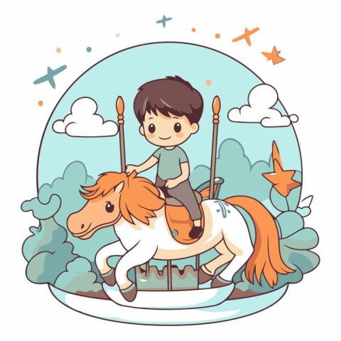 Cute boy riding on a horse in cartoon style.