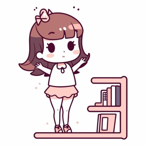 Illustration of a cute little girl standing in front of a shelf