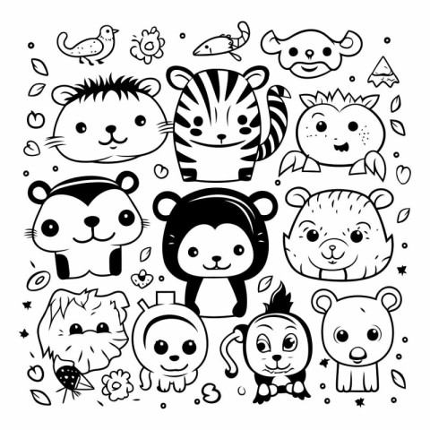 Cute animal doodle set. Hand drawn vector illustration.