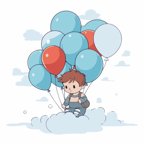 cute little boy with balloons in the clouds vector illustration