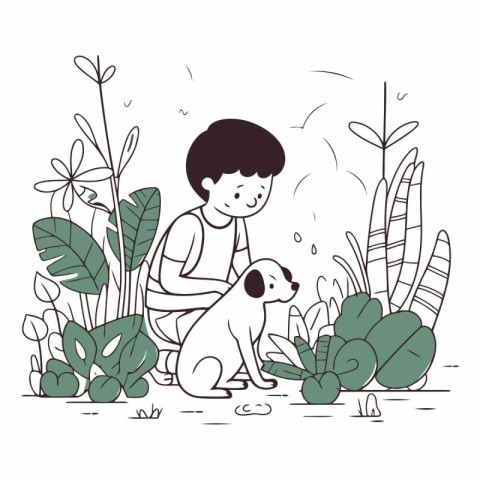 Little boy playing with a dog in the garden.