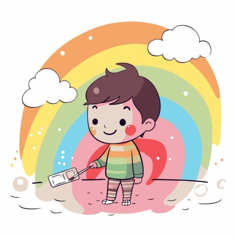 Cute little boy reading a book on the rainbow background.