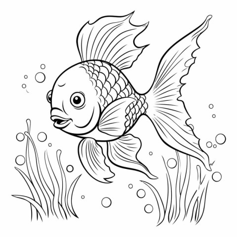 Black and white vector illustration of a goldfish swimming in th