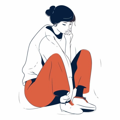 Sad young woman sitting on the floor in sketch style.