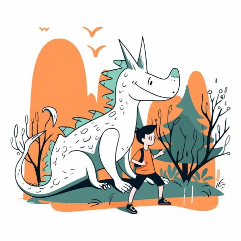 Vector illustration of a boy running in the park with a dinosaur