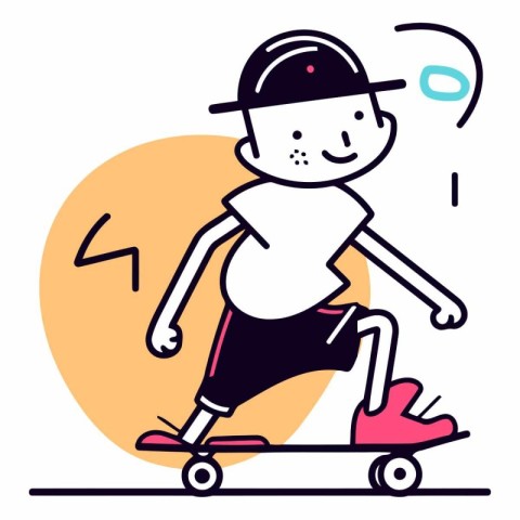 Boy riding a skateboard in a flat style.