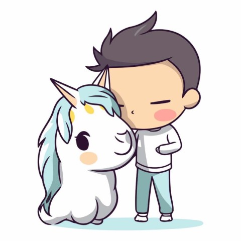 Cute boy and unicorn cartoon vector illustration. Cute little bo