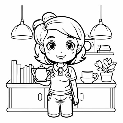 Cute little girl at the coffee shop. black and white vector illu