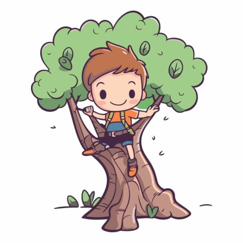 Cute boy climbing a tree in cartoon style.