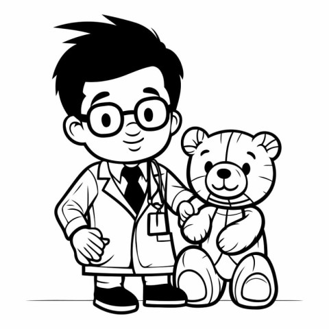 Doctor with Teddy Bear - Black and White Cartoon Illustration. V