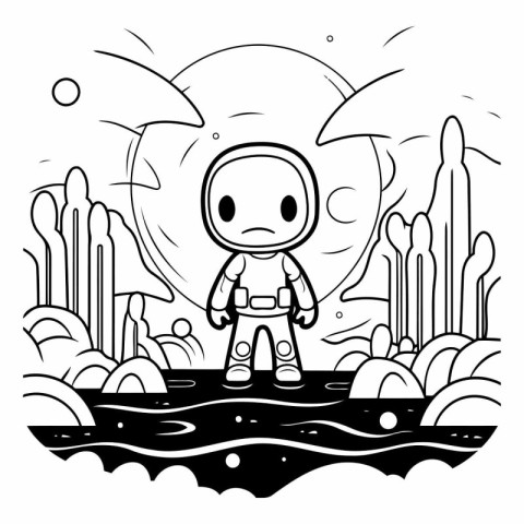 Cartoon astronaut in the moonlight for coloring book