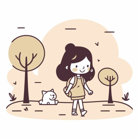 Girl and cat walking in the park. Cute cartoon vector illustrati