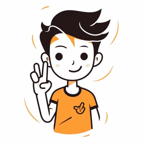 Cute boy showing victory sign in cartoon style.