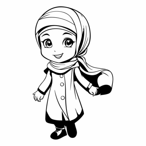 Cute cartoon muslim girl in traditional clothes.