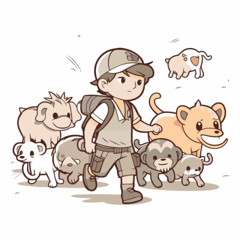 Cartoon vector illustration of a boy walking with a group of dog