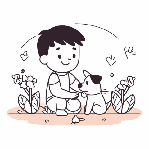 Vector illustration of cute little boy playing with his dog in t