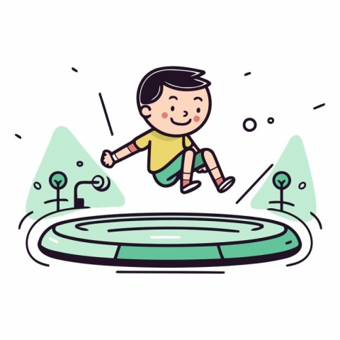 Vector illustration of a boy jumping over a puddle. Line art sty