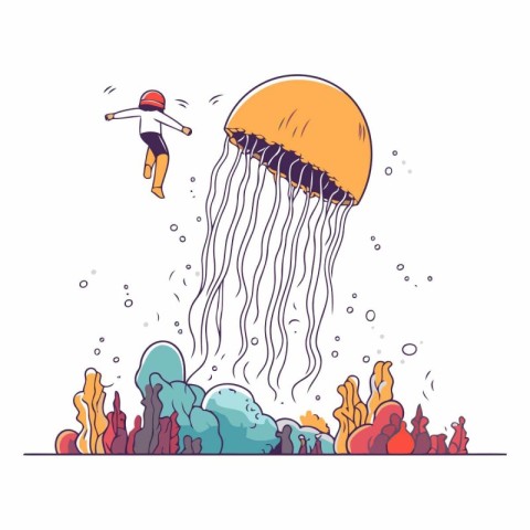 Jellyfish and diver in doodle style.