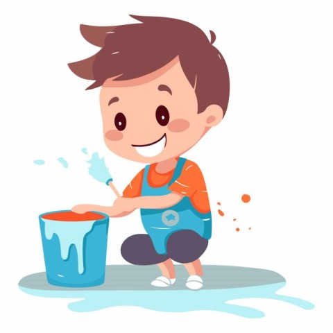 Cute Little Boy Painting with Paintbrush and Bucket Vector Illus