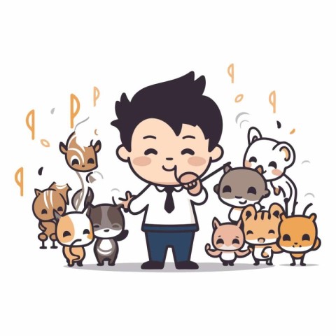 Cute cartoon little boy with a group of animals.