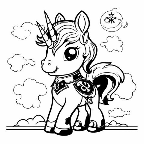 Unicorn in the clouds. Black and white vector illustration.