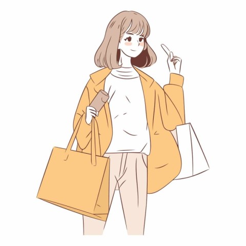 Illustration of a young woman wearing a coat and holding shoppin