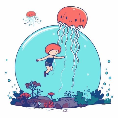 Cute little girl swimming under the sea in cartoon style.