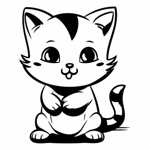 Cute Cartoon Cat - Black and White Vector Illustration. Isolated