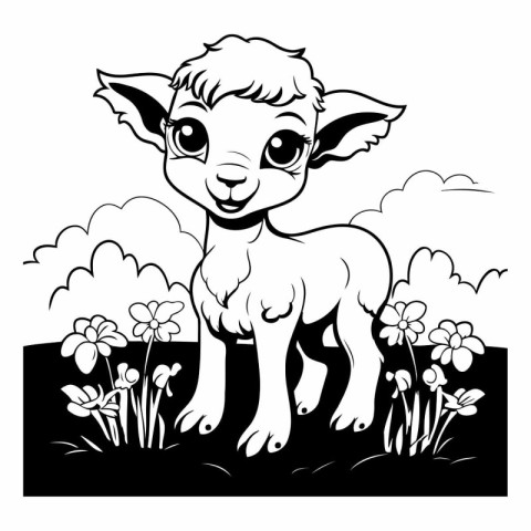 Cute little lamb with flowers. Black and white vector illustrati