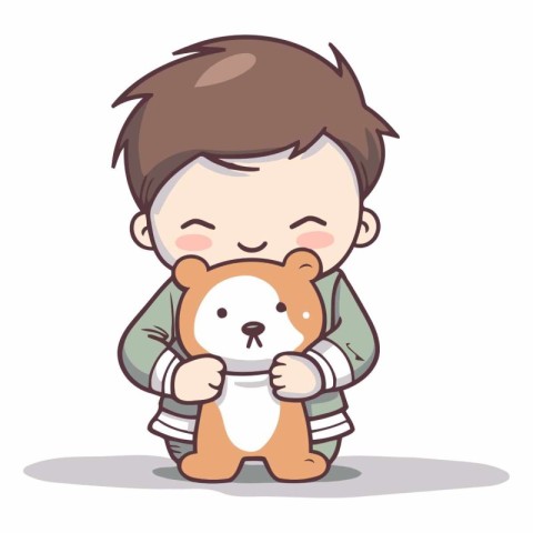 Cute little boy with teddy bear cartoon vector illustration grap